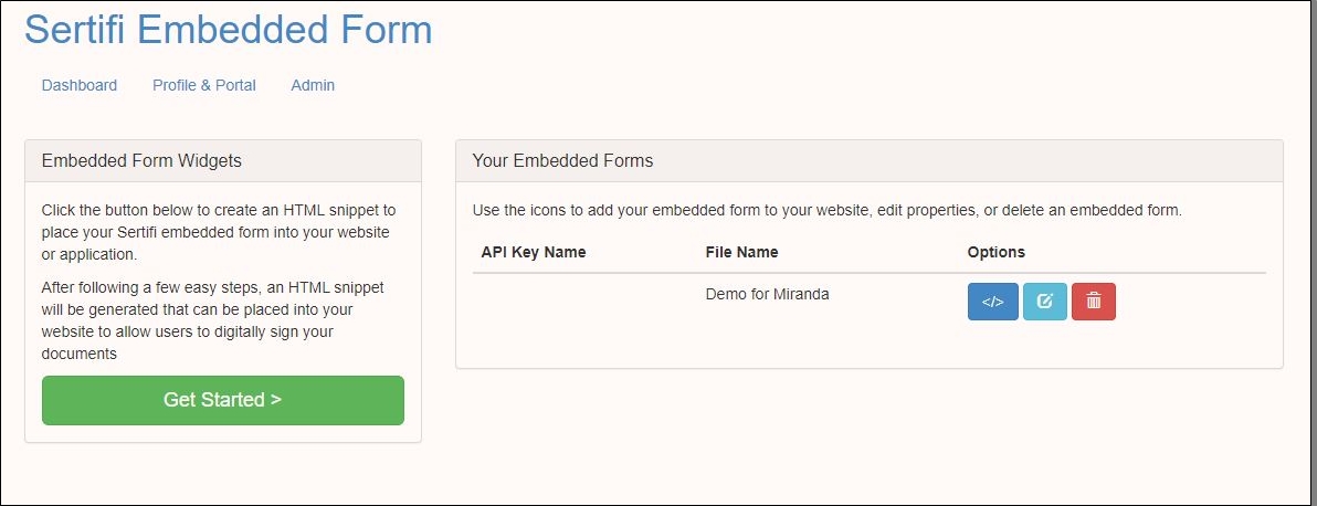 dashboard screen of embedded forms app